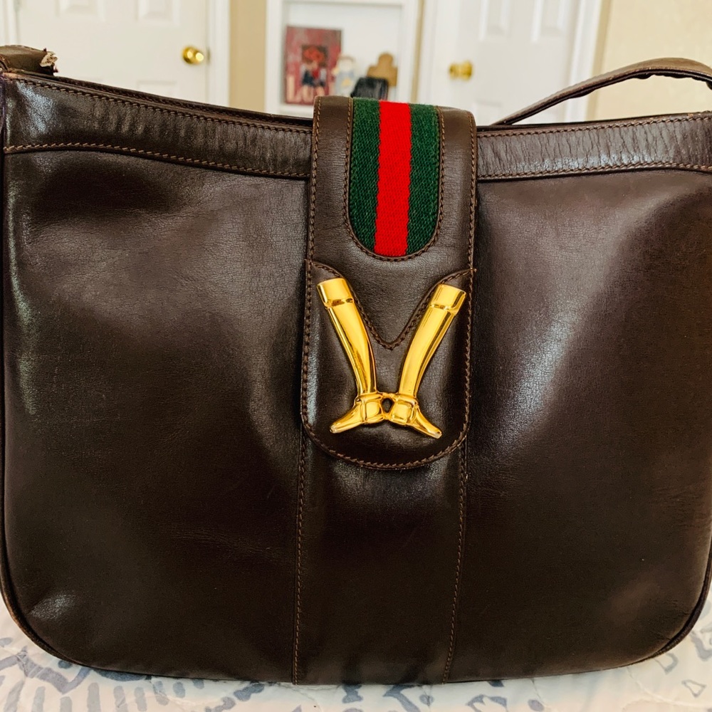 Gucci Web Stripe Leather Equestrian Boot Emblem Shoulder Bag - Picture 2 of 15